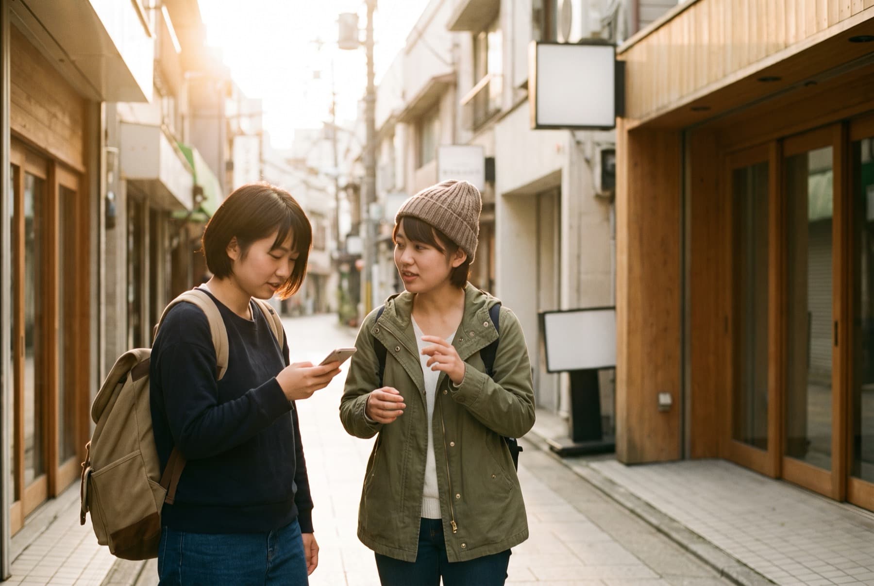 商店街を歩く大学生ふたり